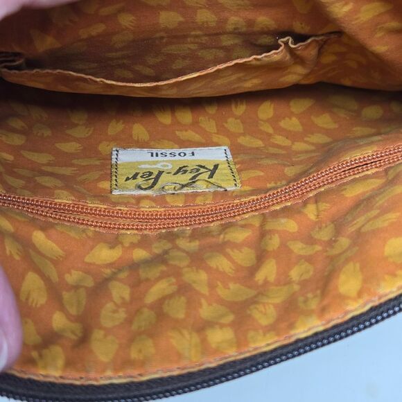 FOSSIL Brown Floral Quilted Leather Trim Crossbody Shoulder Bag Key-per Y2K - Picture 11 of 14
